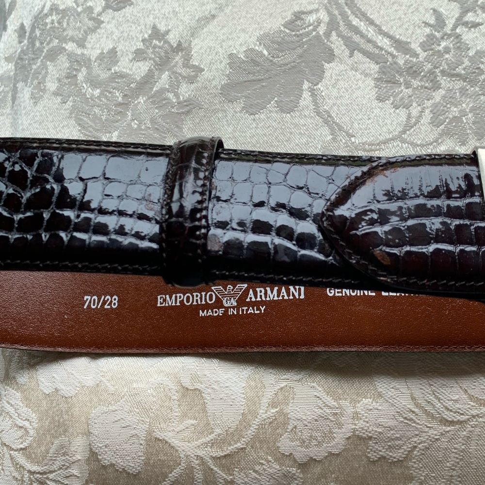 Vintage Emporio Armani brown embossed leather belt with metal logo buckle. - Picture 8 of 10